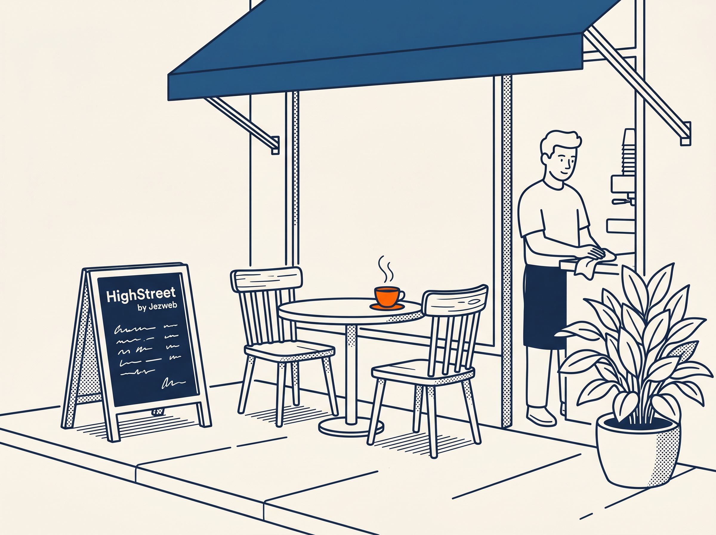 Illustration of a cafe on the footpath with outdoor chairs and an A-frame menu board