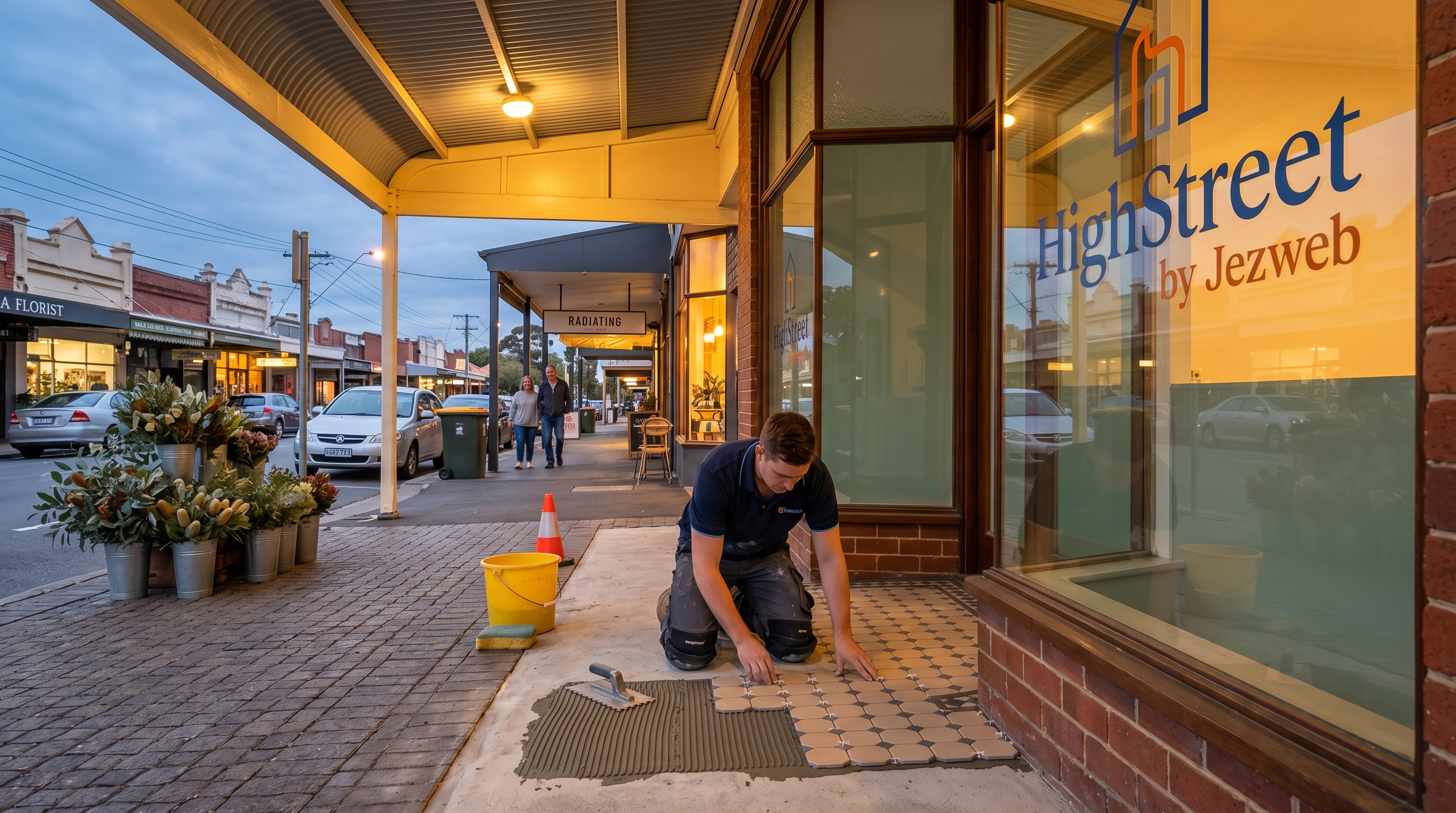 An Australian high street shopfront at dusk with warm window light, traditional awnings, and a HighStreet by Jezweb shop window