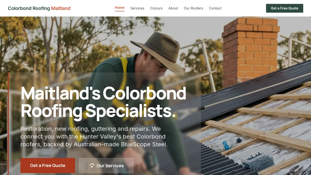 Colorbond Roofing Maitland website homepage