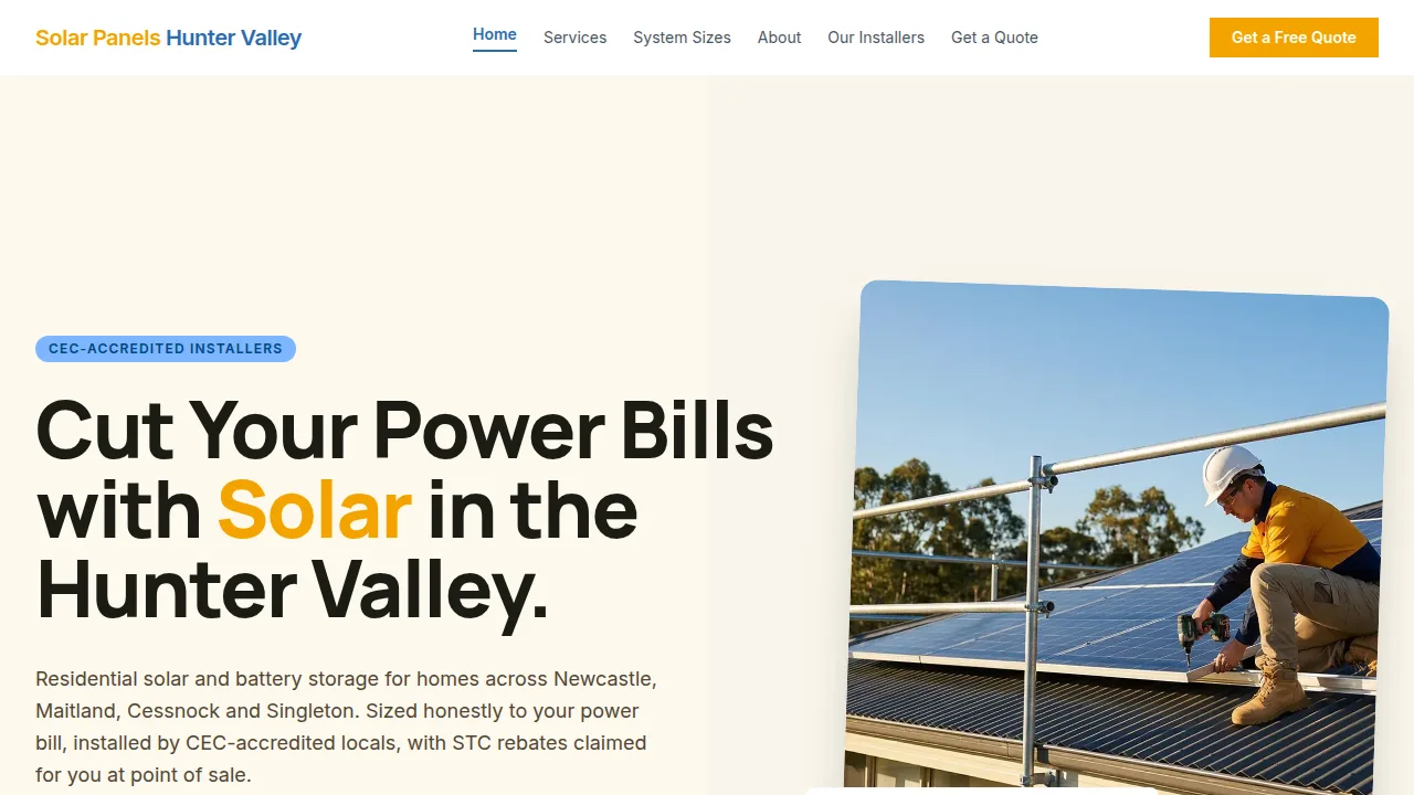 Solar Panels Hunter Valley website homepage