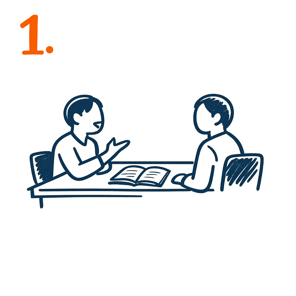 Illustration of two people talking with a notebook