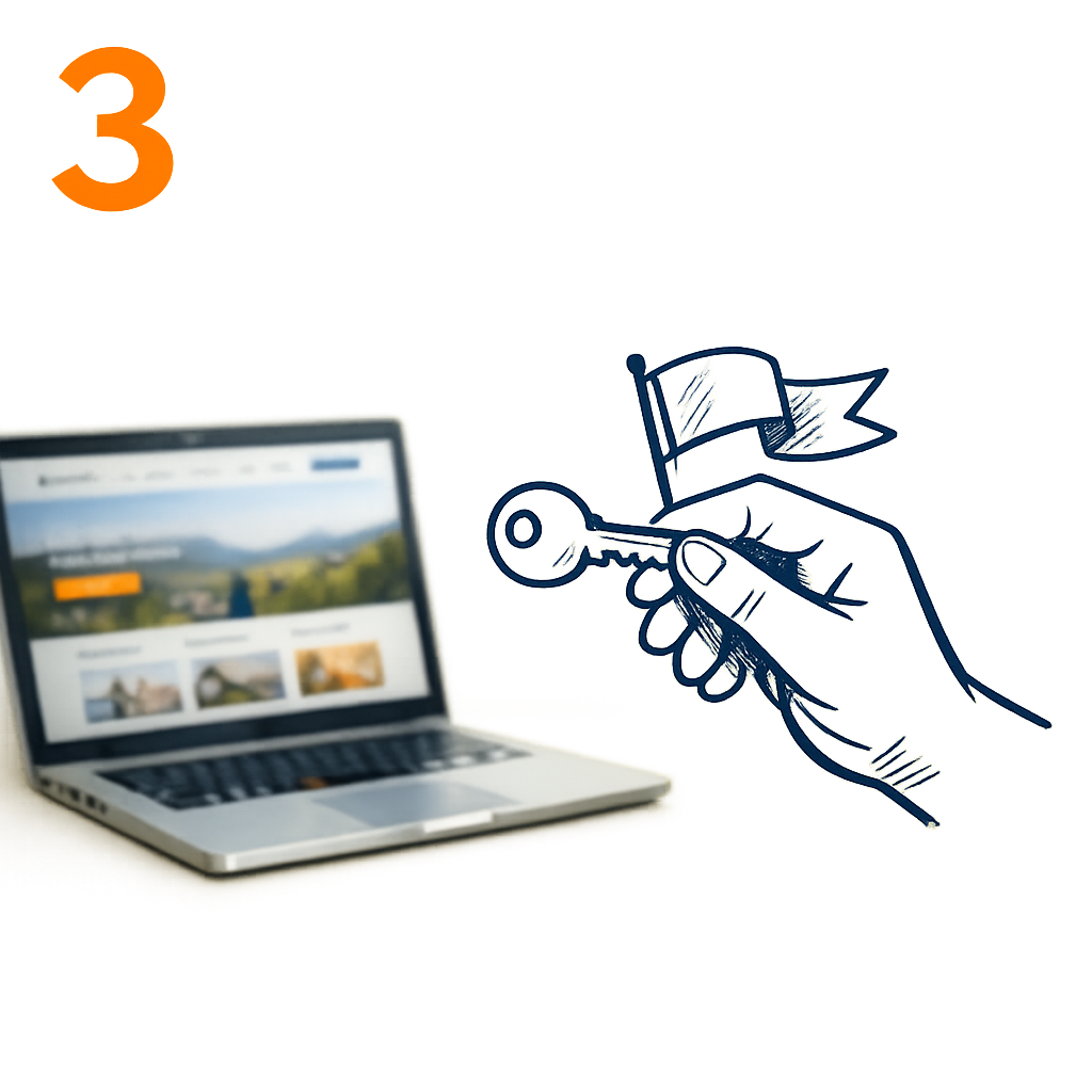 Illustration of a website being handed over, with a key and a ribbon