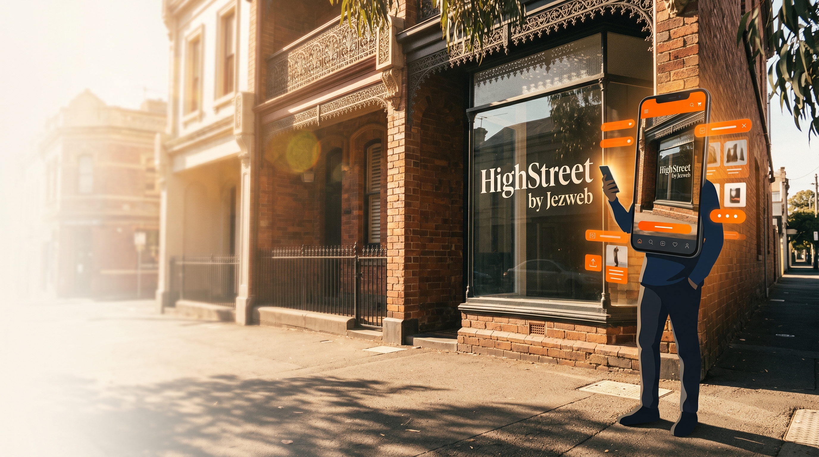 A shopfront with a phone held up showing the website version of the same shop